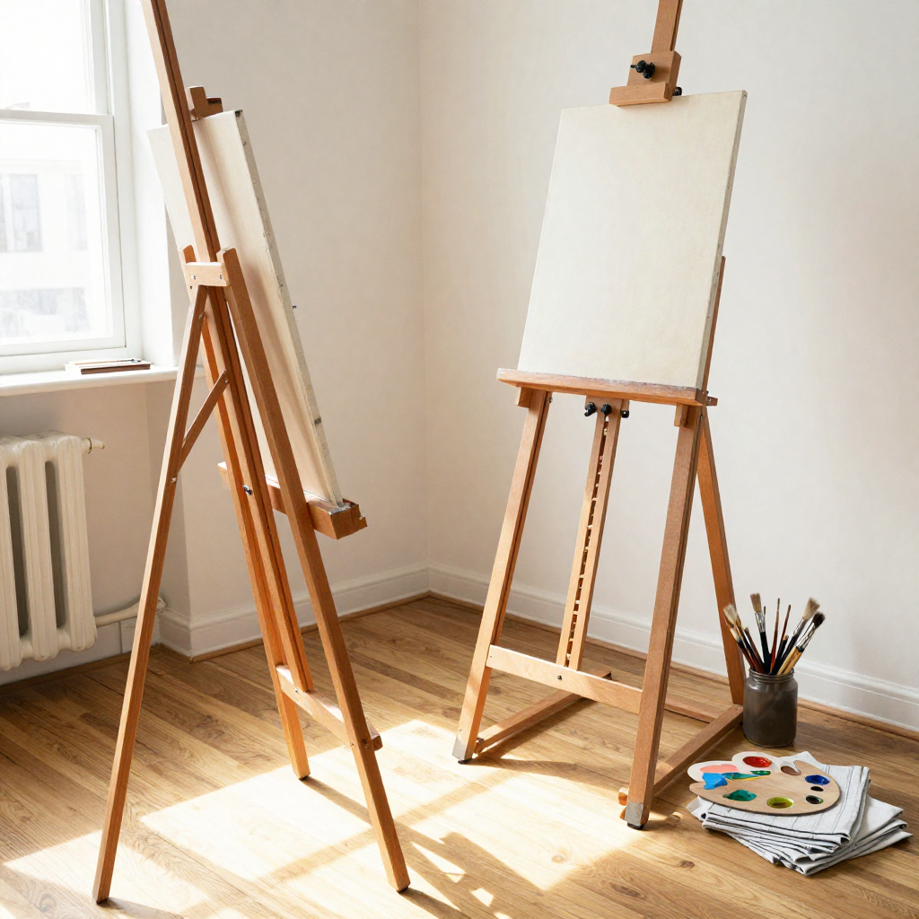 Bright creative studio interior with art supplies and natural lighting