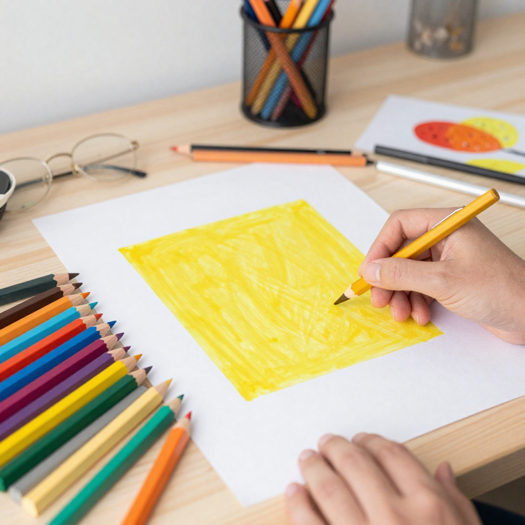 Colorful art supplies arranged on creative workspace
